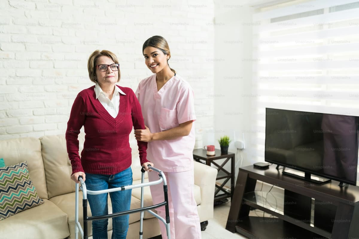 Caregiver helping elderly woman walk with mobility walker at home